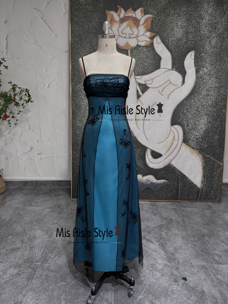 Column Beaded Black And Blue Vintage 90s Prom Dress Column Beaded Black And Blue Vintage 90s Prom Dress