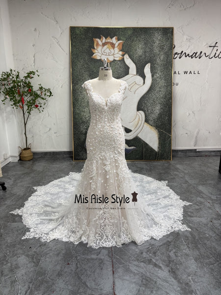 Fit and Flare Sheer Lace Back Wedding Dress  misaislestyle