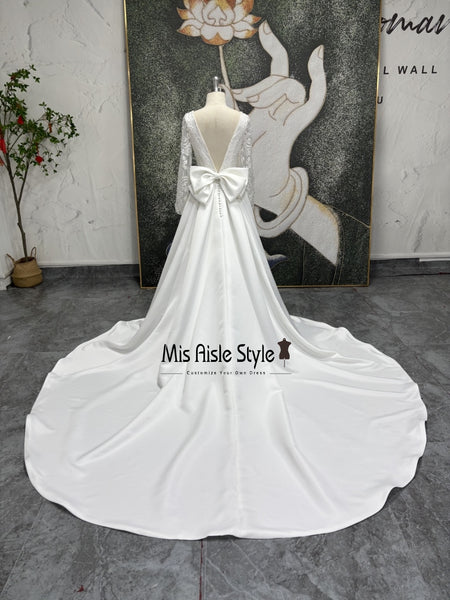 Long Sleeve Low V-Back Lace Wedding Dress with Bow – misaislestyle
