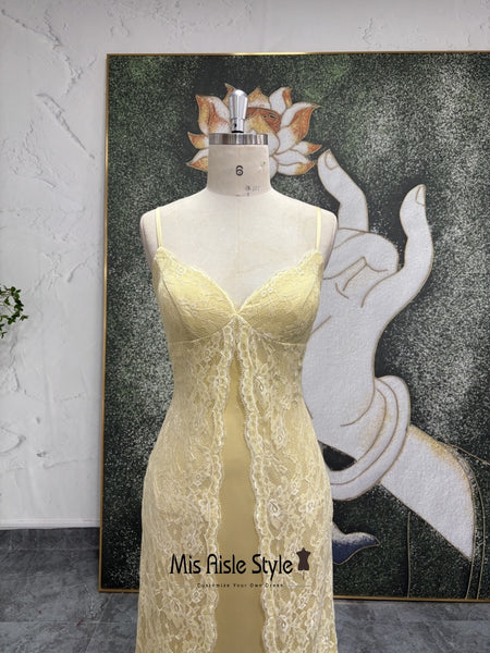 Spaghetti Straps Yellow Vintage Lace Prom Dress misaislestyle Spaghetti Straps Yellow Vintage Lace Prom Dress misaislestyle