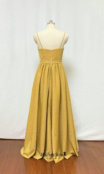 Sexy Long Slit Sparkle Yellow Prom Dress misaislestyle Sexy Long Slit Sparkle Yellow Prom Dress misaislestyle