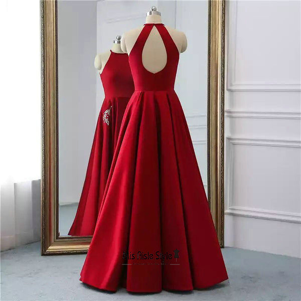 Halter Neckline Deep Red Prom Dress misaislestyle Halter Neckline Deep Red Prom Dress misaislestyle