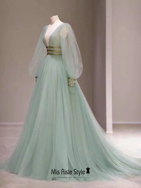 Sheer Long Sleeve Mint Green Tulle Party Dress – misaislestyle