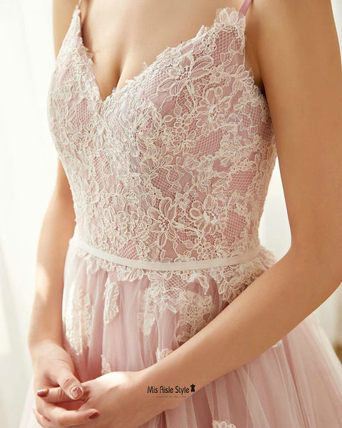 A line Spaghetti Straps Blush Wedding Dress – misaislestyle