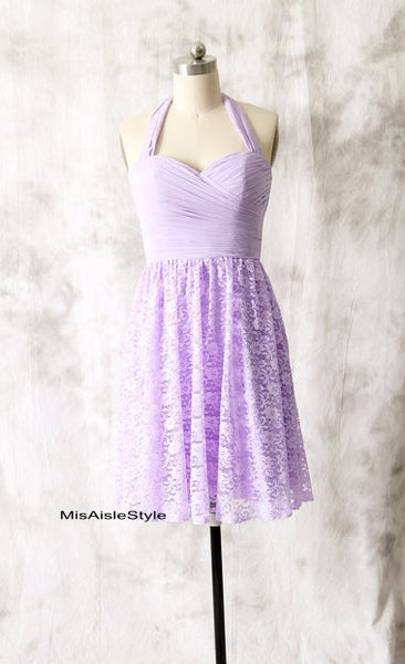 Knee Length Halter Neckline Lilac Bridesmaid Dress – misaislestyle