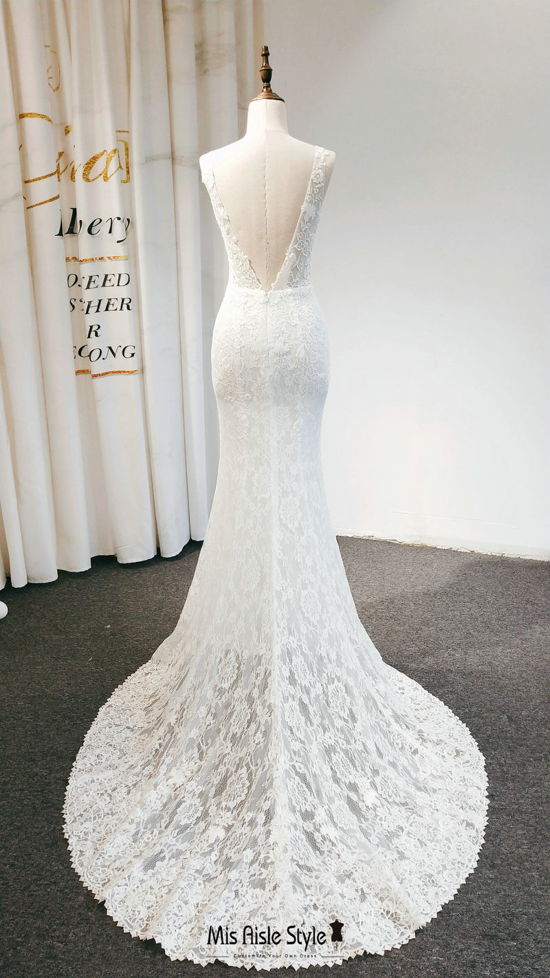 low v-back lace wedding dress