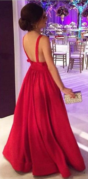 Elegant A-line V-neckline Red Satin Evening Dress