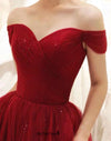 off shoulder sleeve red prom gown