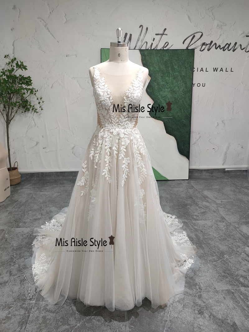 A Line Sparkle Lace Beach Wedding Dress