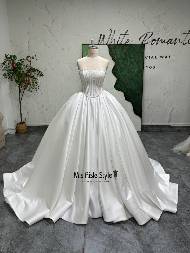 Ball Gown Beaded Lace Wedding Dress With Detachable Bow