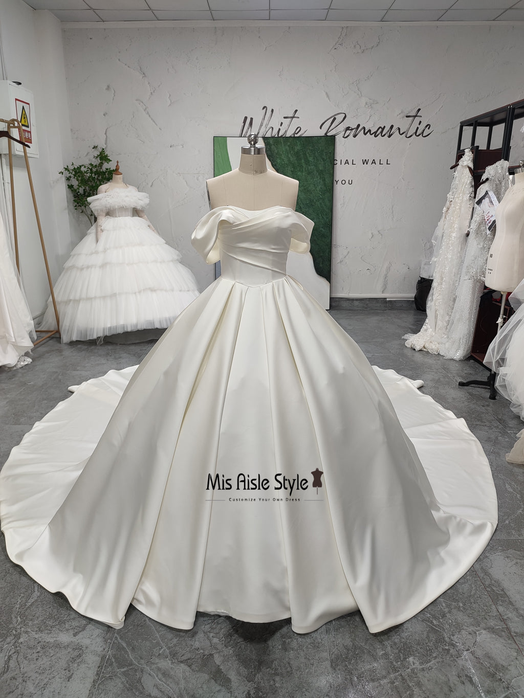 Ball Gown Off Shoulder Sleeve Satin Wedding Dress