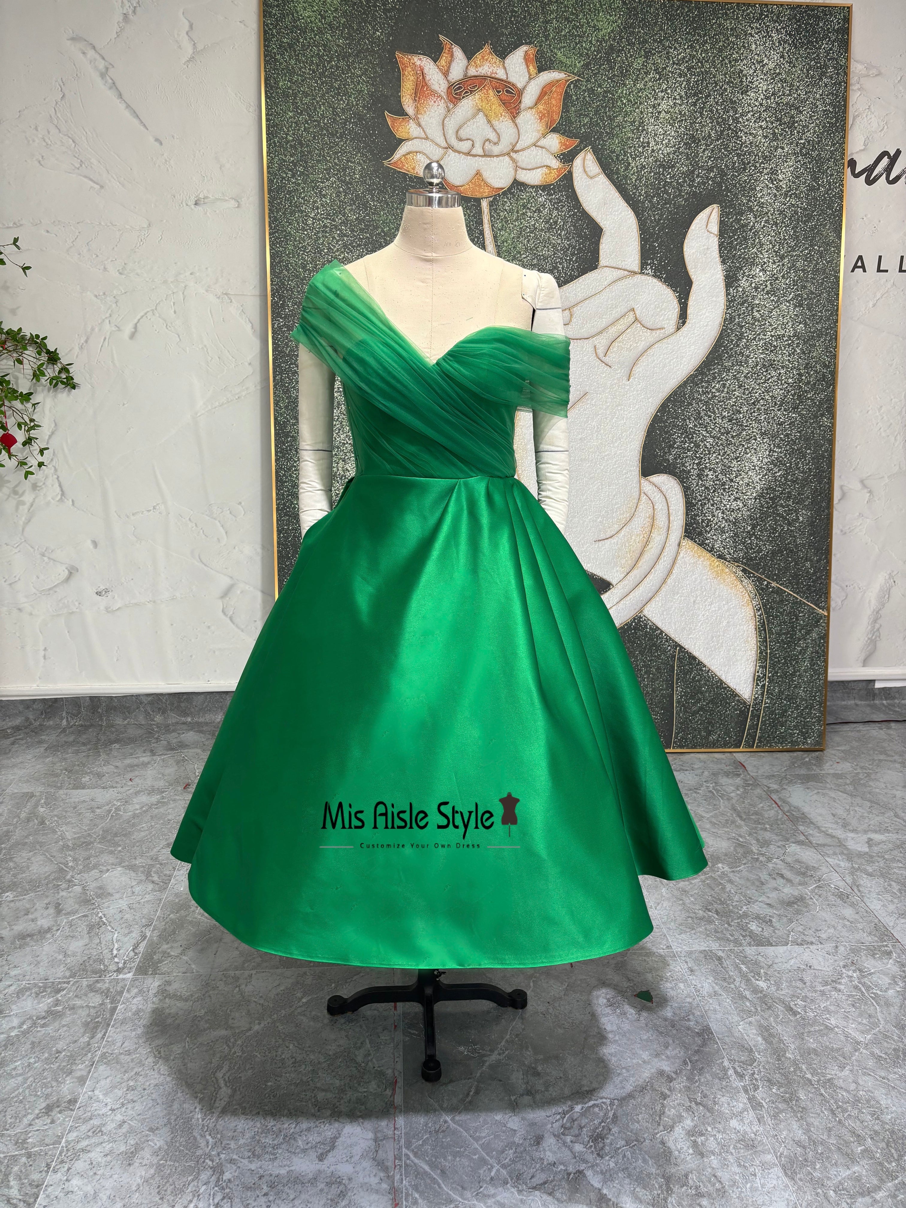 Ball Gown Green Tea Length Cocktail Dress Dark Green Tea Length Homecoming Dress,Round Satin With Ball Gown Green Tea Length Cocktail Dress Dark Green Tea Length Homecoming Dress,Round Satin With