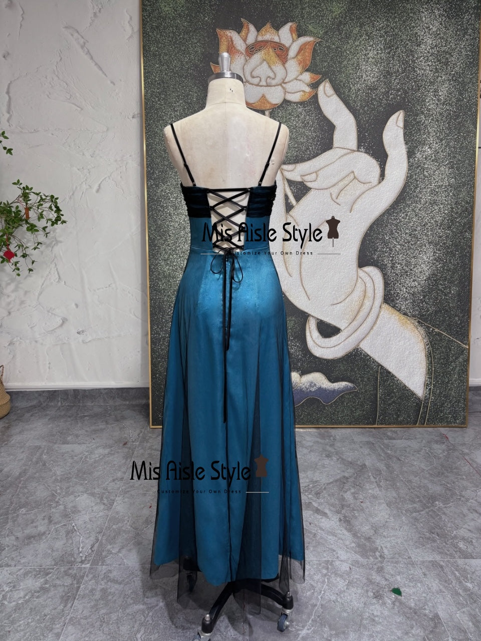Column Beaded Black And Blue Vintage 90s Prom Dress