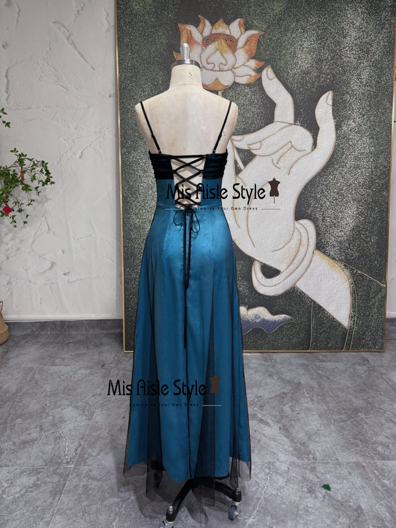 Column Beaded Black And Blue Vintage 90s Prom Dress – misaislestyle