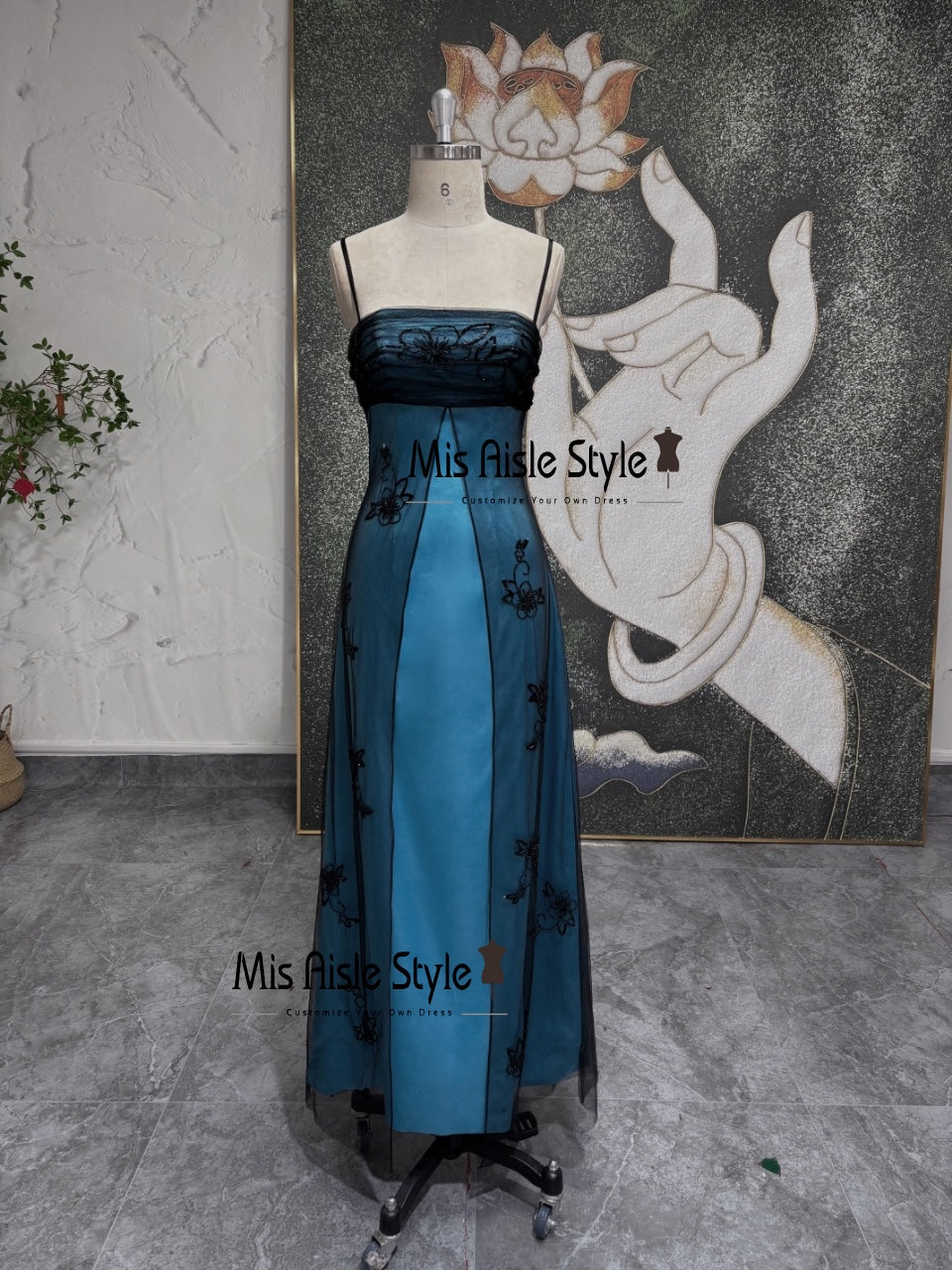 Column Beaded Black And Blue Vintage 90s Prom Dress