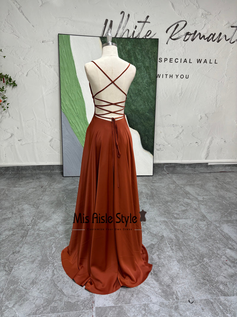 Criss Cross Back Brown Prom Dress