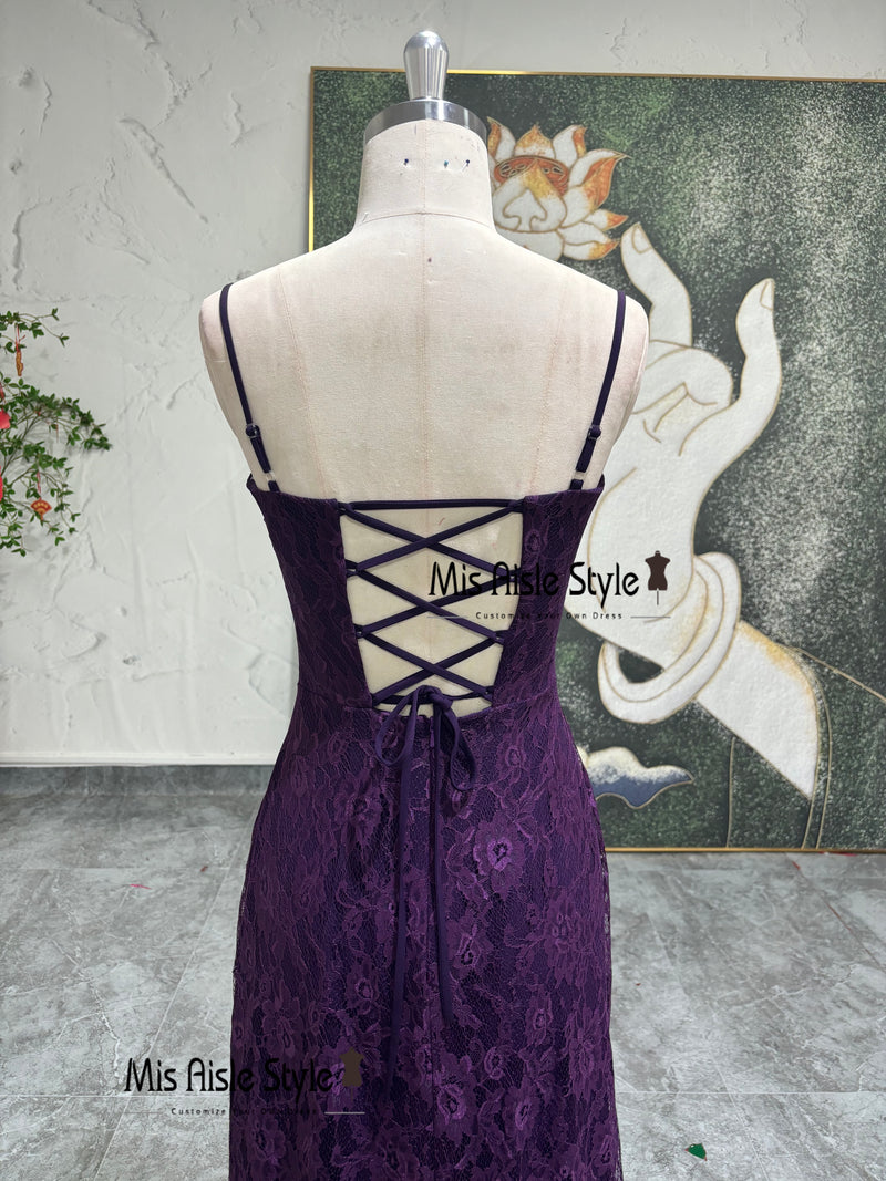 Fitted Purple Formal Lace Party Dress