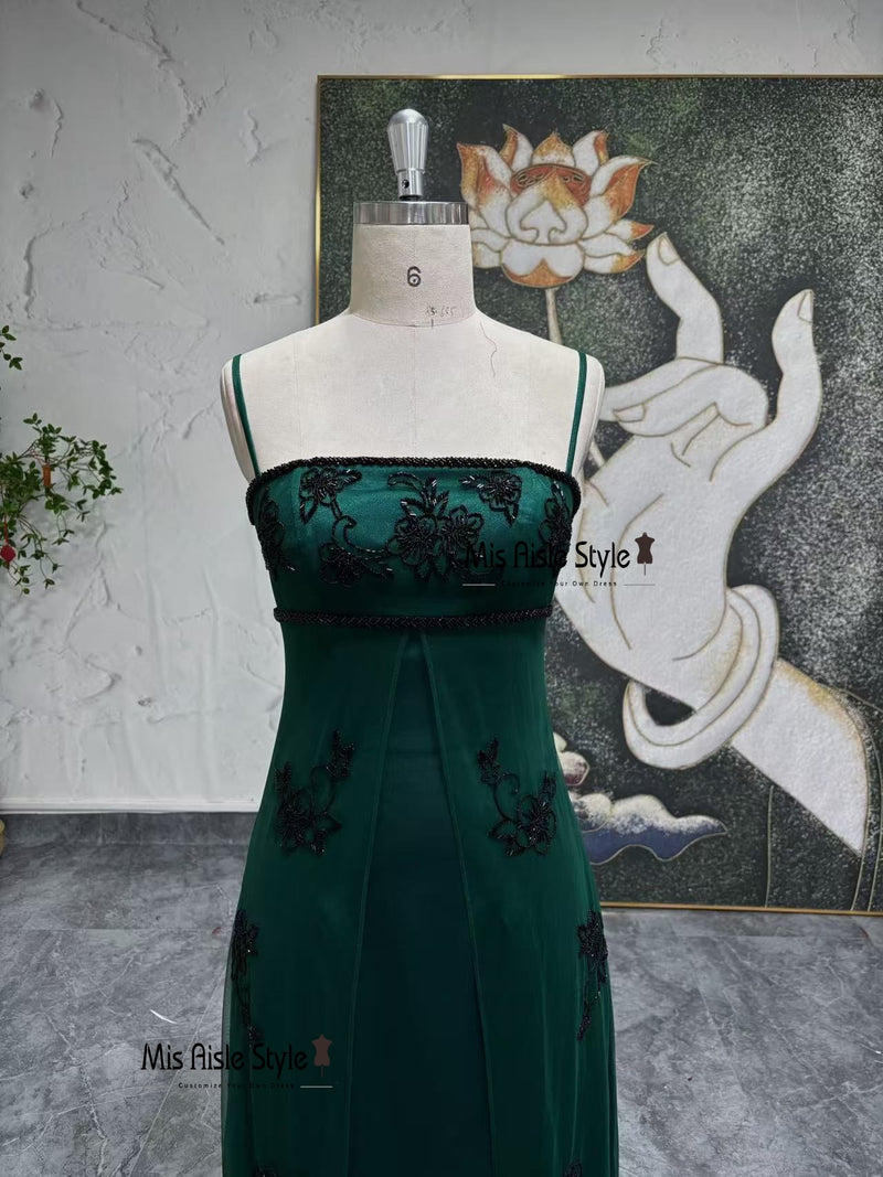 Vintage Square Neckline Beaded Green 2000S Prom Dress