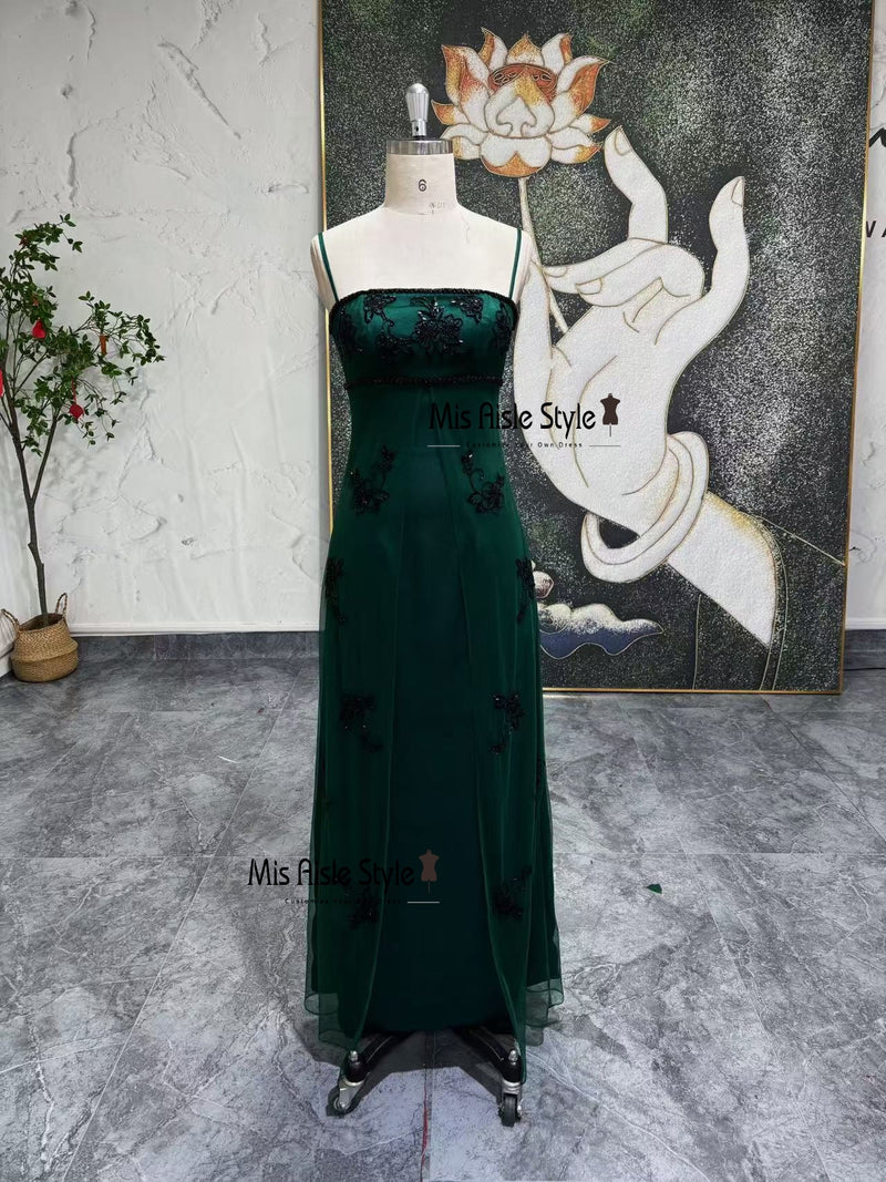 Vintage Square Neckline Beaded Green 2000S Prom Dress