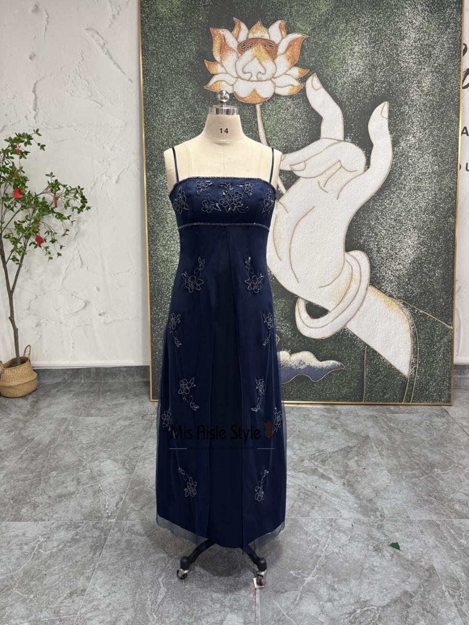 Vintage Plus Size Prom Dress,Elegant Navy Blue Evening Gown