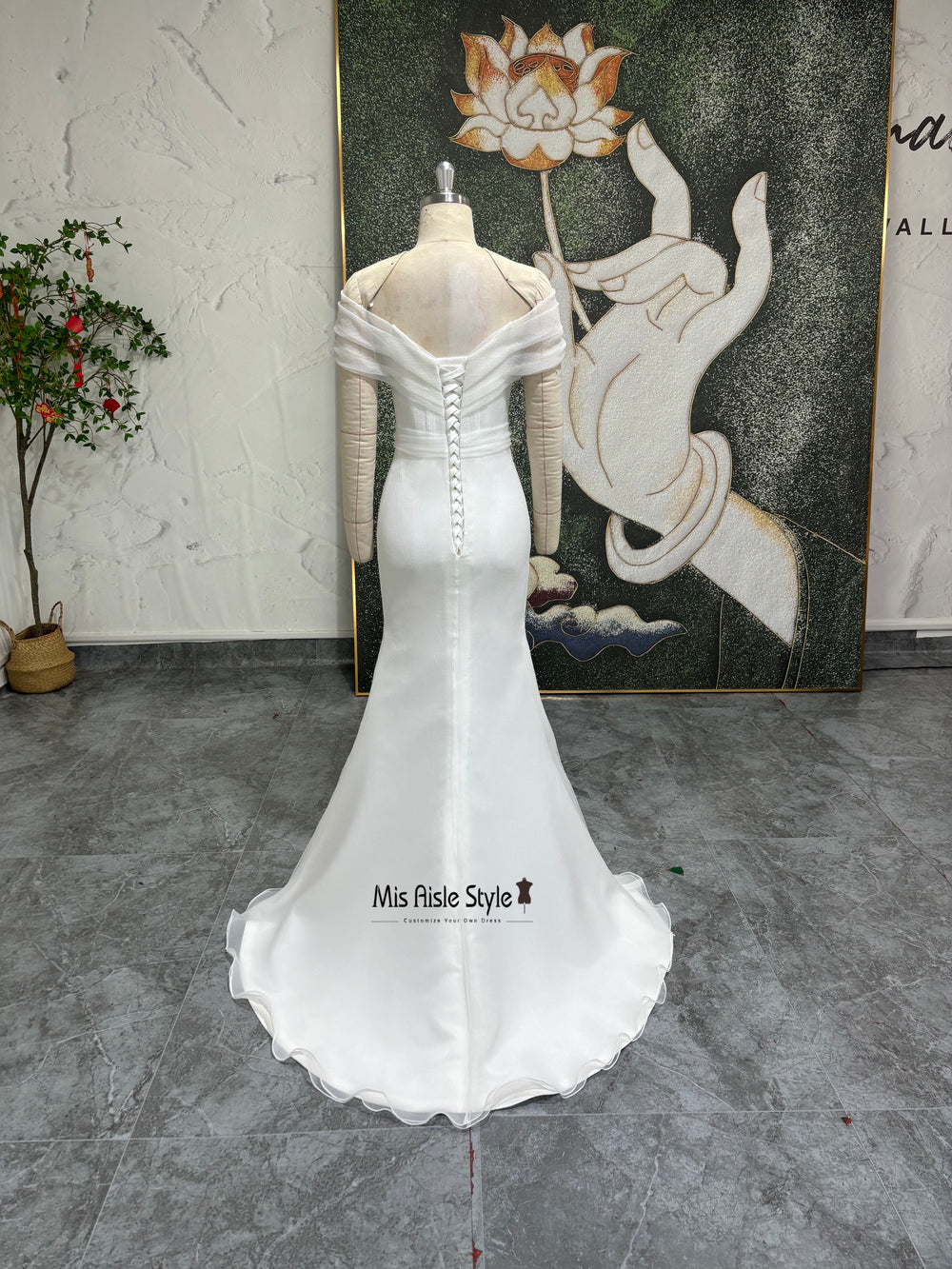 Fit And Flare Off Shoulder Sleeve Mesh Wedding Dress misaislestyle Fit And Flare Off Shoulder Sleeve Mesh Wedding Dress misaislestyle