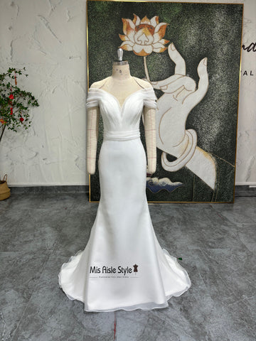 Fit And Flare Off Shoulder Sleeve Mesh Wedding Dress misaislestyle Fit And Flare Off Shoulder Sleeve Mesh Wedding Dress misaislestyle