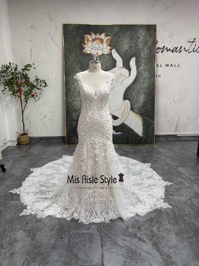 Fit and Flare Sheer Lace Back Wedding Dress misaislestyle Fit and Flare Sheer Lace Back Wedding Dress misaislestyle