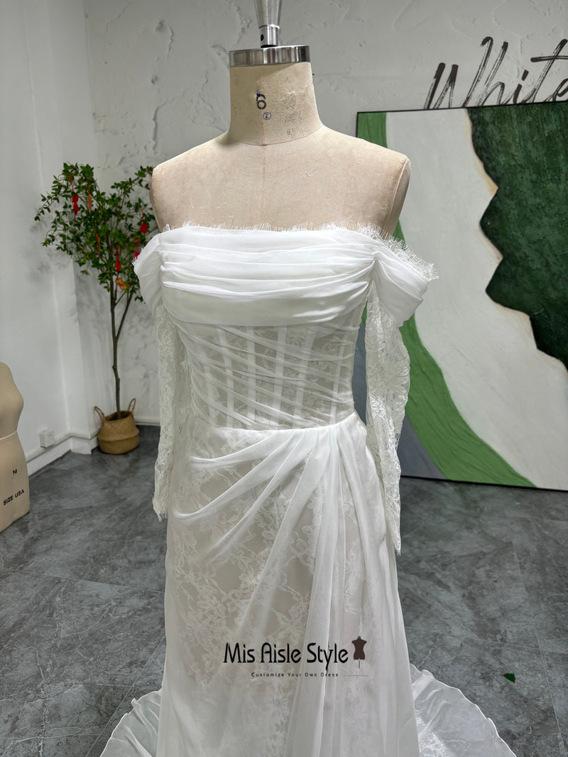 Fitted Off Shoulder Long Sleeve Lace Summer Wedding Dress