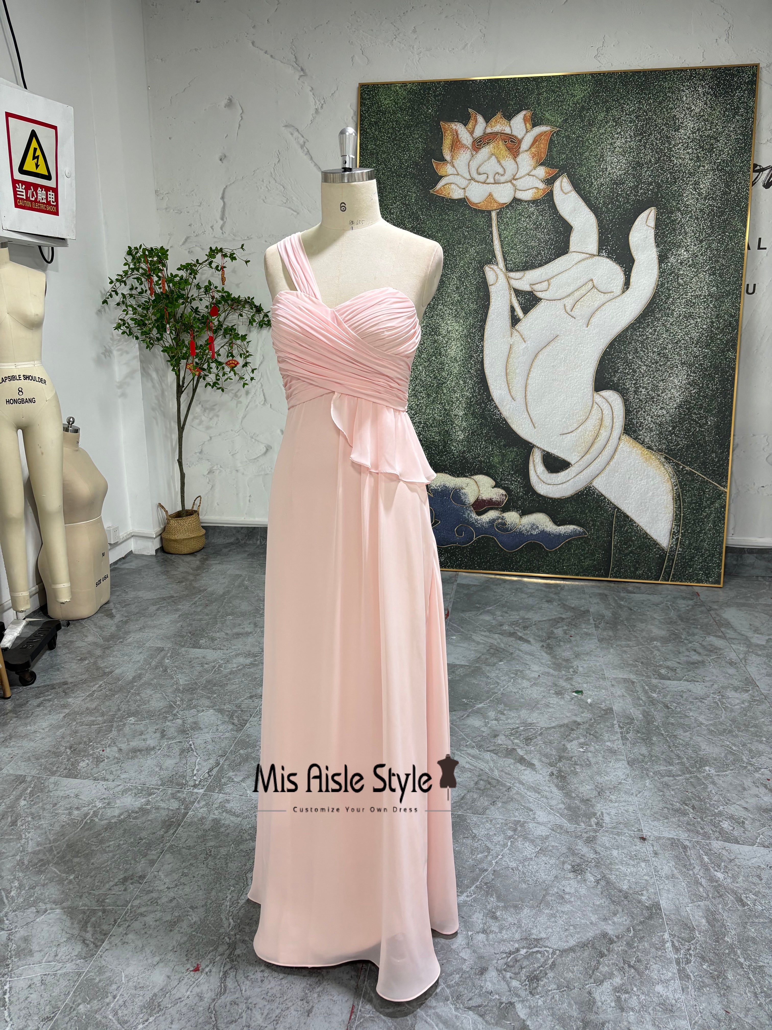 Full Length One Shoulder Pink Bridesmaid Dress
