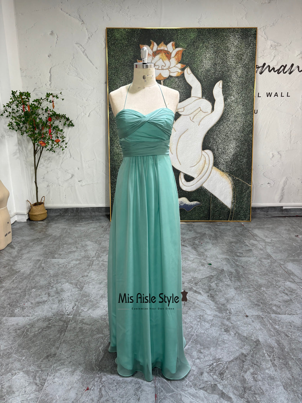 Full Length Halter Neck Teal Bridesmaid Dress With Pleats