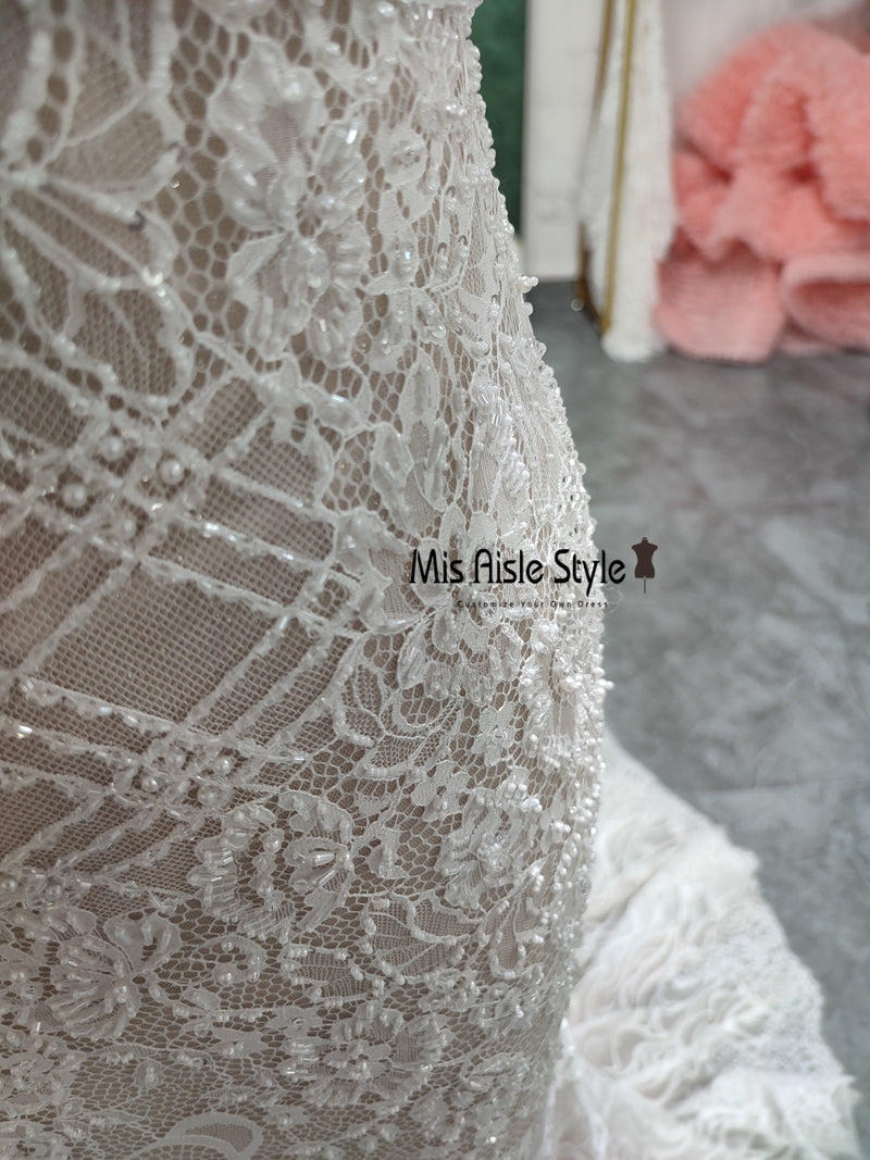 Fit And Flare Low Back Lace Beaded Wedding Dress