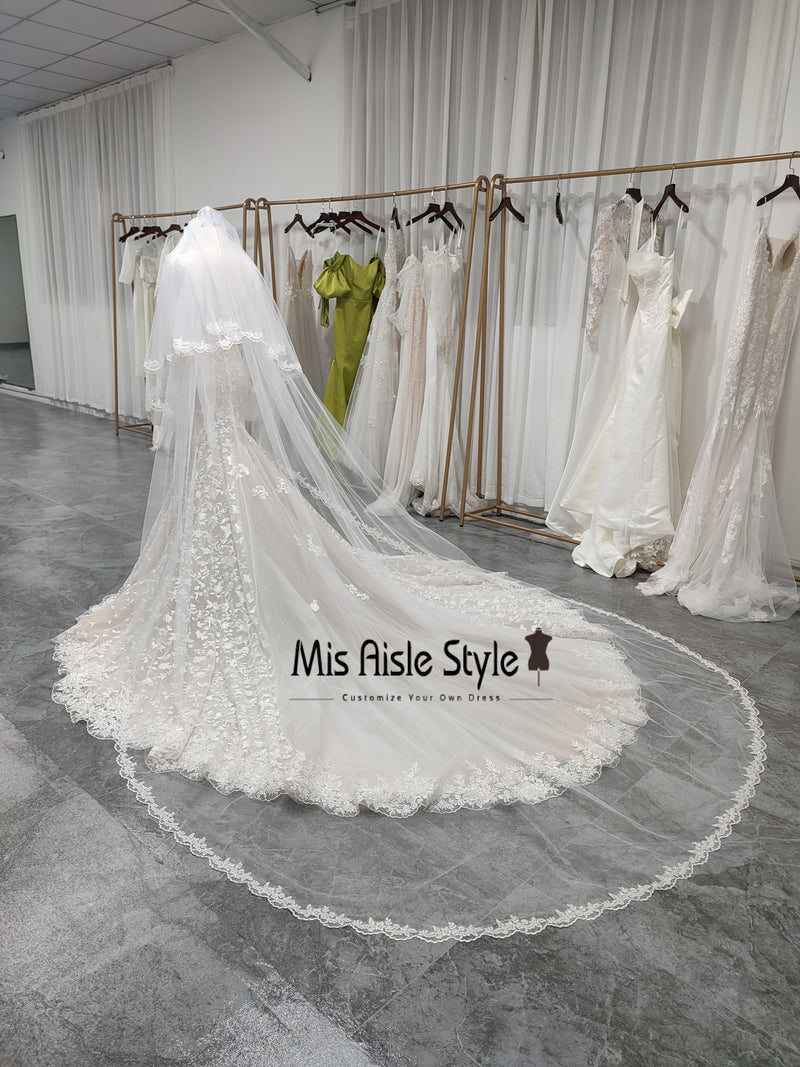 Mermaid Colorful Lace Wedding Dress With Long Veil