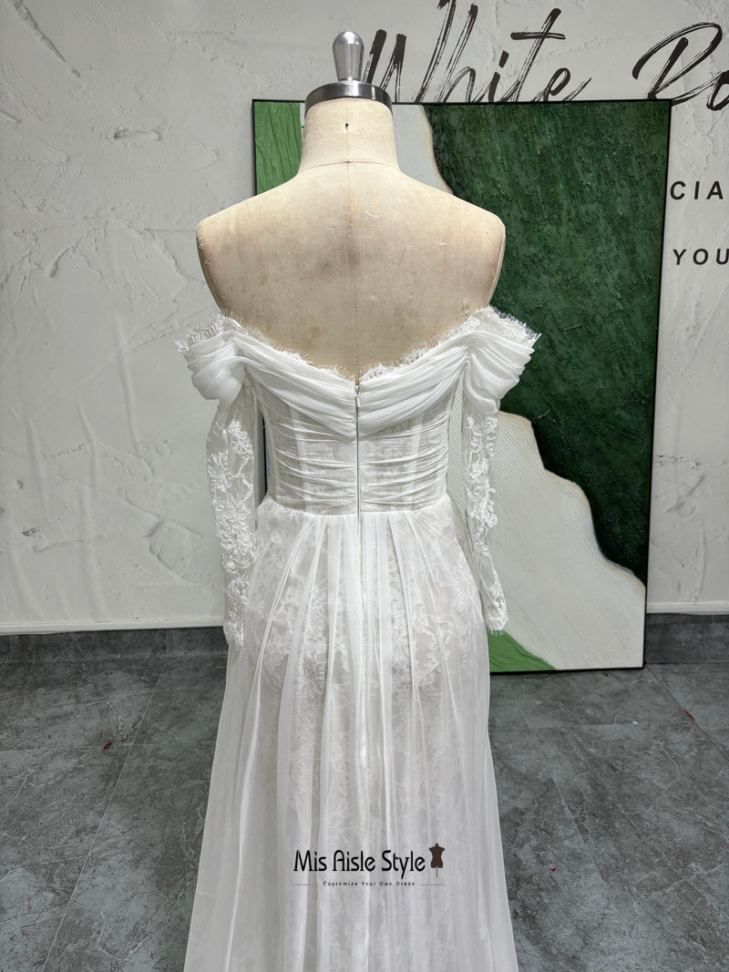 Illusion Fitted Off Shoulder Lace Summer Wedding Dress