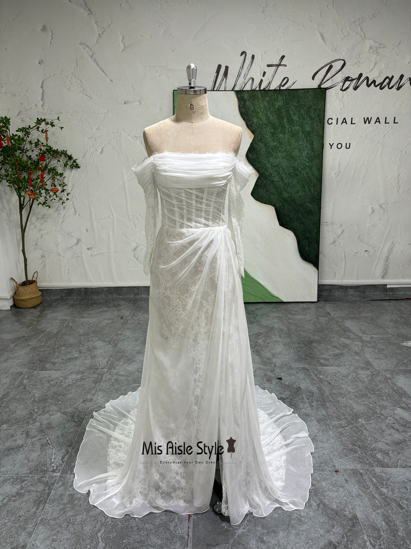 Illusion Fitted Off Shoulder Long Sleeve Lace Summer Wedding Dress
