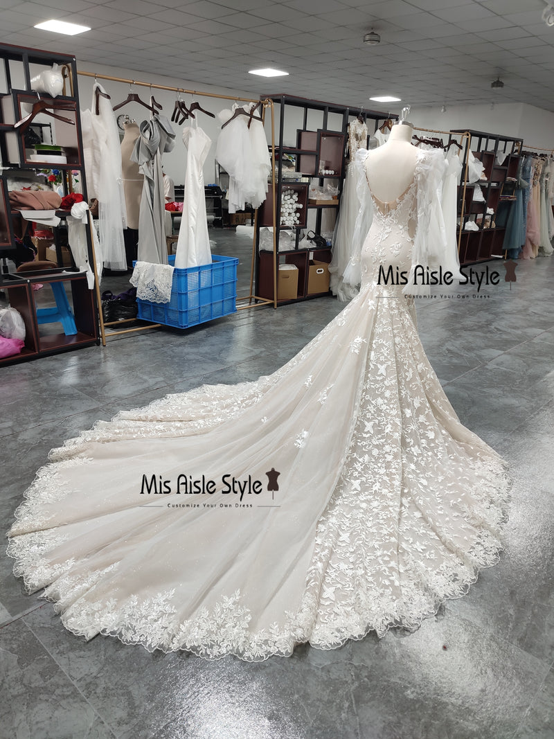 Long Sleeve Colorful Wedding Dress With Train