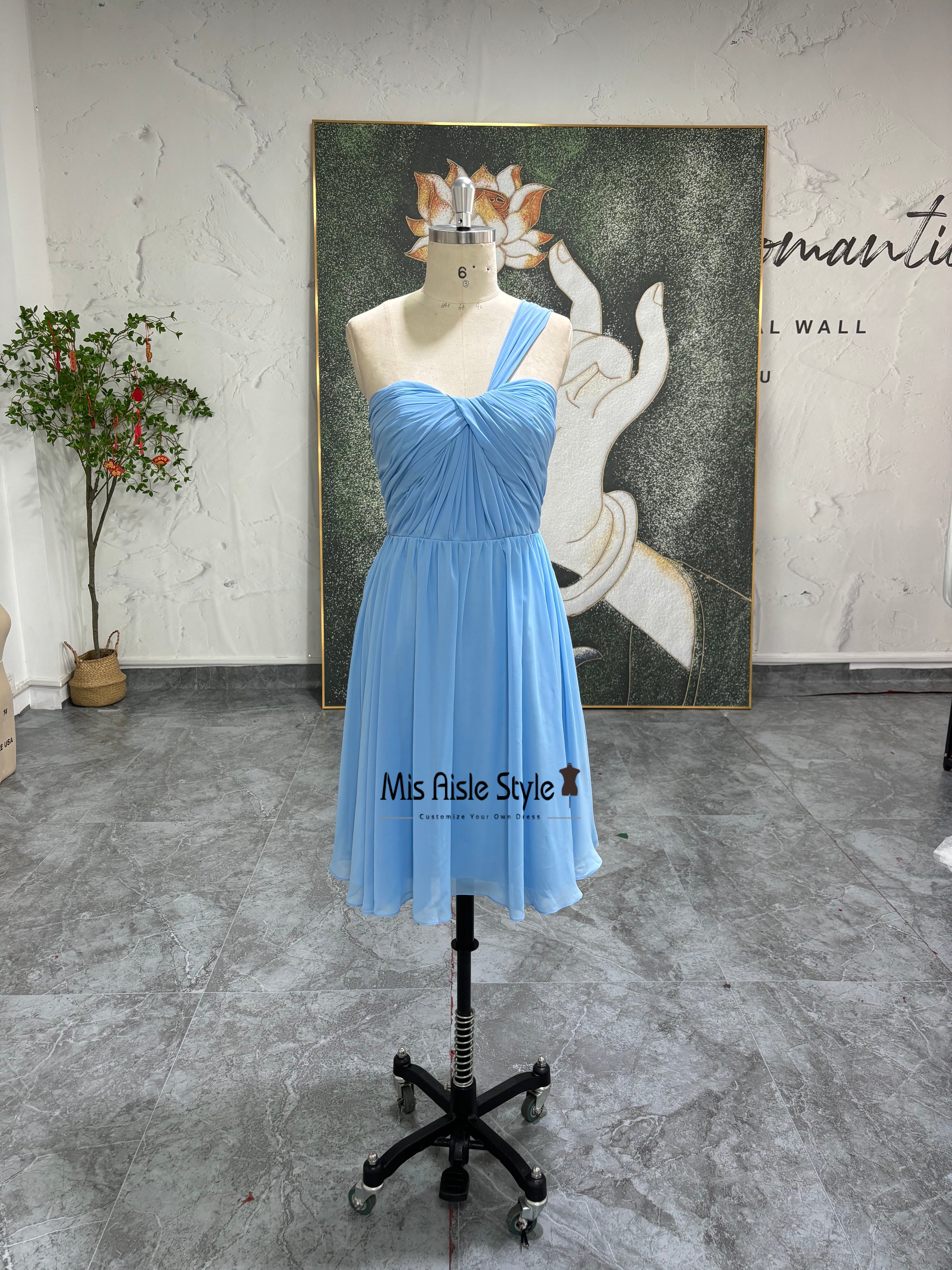 short ice blue bridesmaid dresses Short Sleeve V-Neck Chiffon A-Line Bridesmaid Dress in Ice, Ice / 8 main image 1