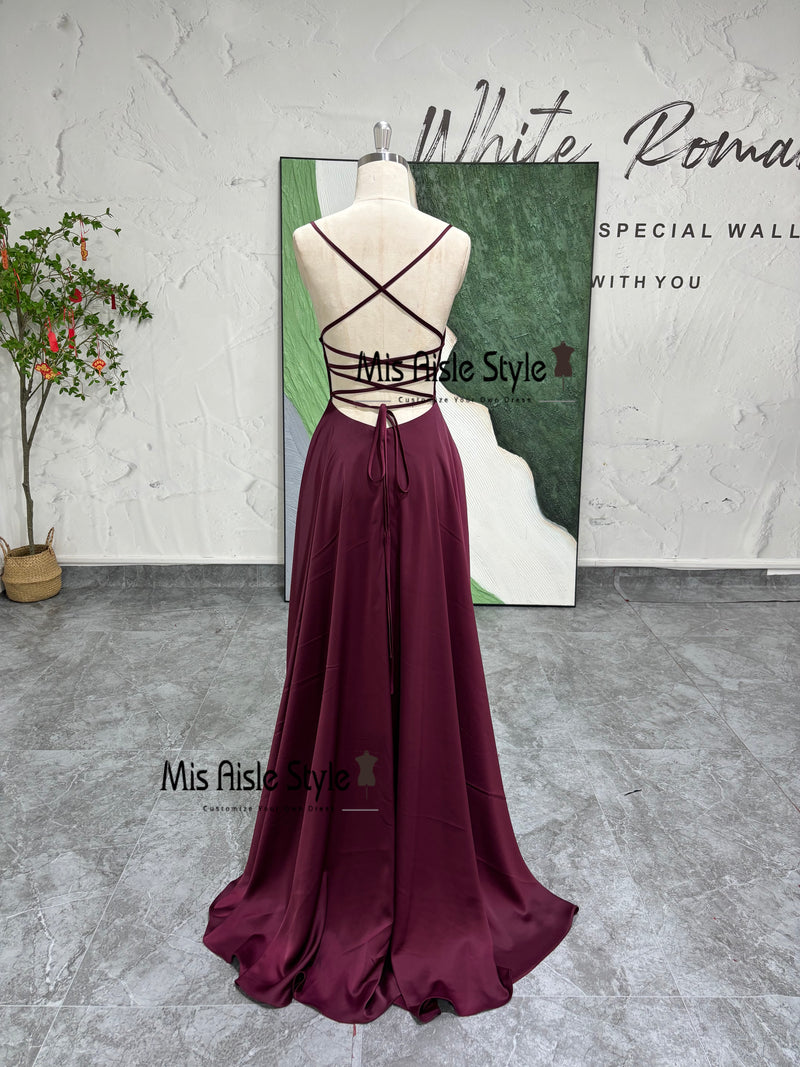Spaghetti Straps Criss Cross Back Slit Burgundy Prom Dress