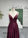 Spaghetti Straps Criss Cross Back Slit Burgundy Prom Dress