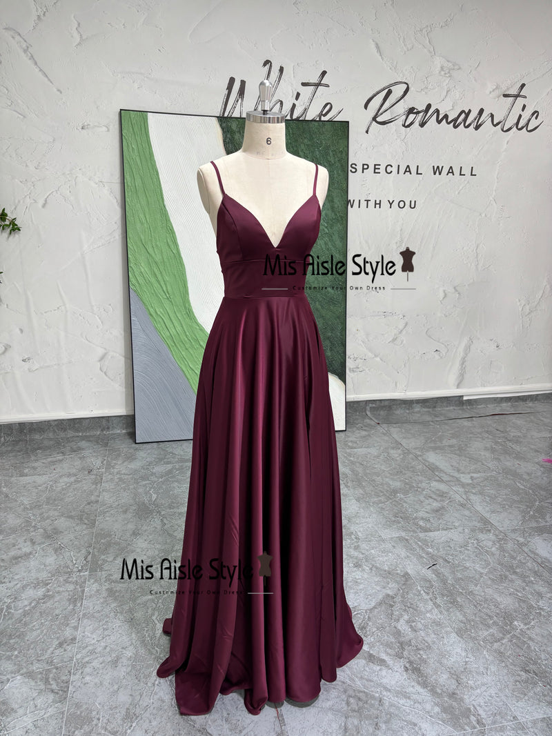 Spaghetti Straps Criss Cross Back Slit Burgundy Prom Dress