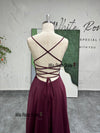 Spaghetti Straps Criss Cross Back Slit Burgundy Prom Dress