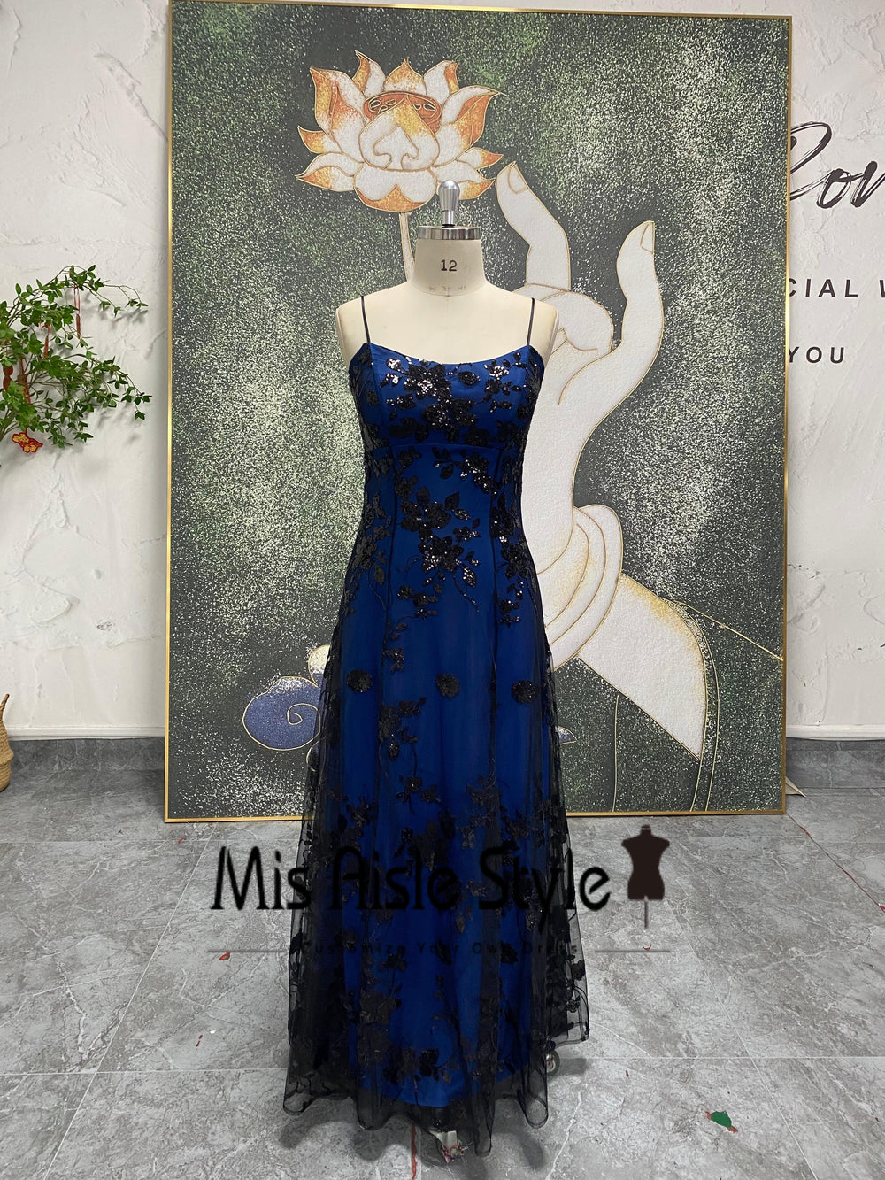 Navy Blue Lace Overlay Vintage Prom Dress – misaislestyle
