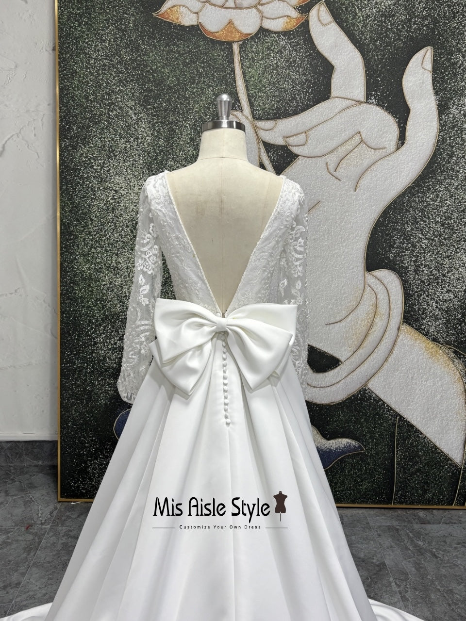 Long Sleeve Low V-Back Lace Wedding Dress with Bow misaislestyle Long Sleeve Low V-Back Lace Wedding Dress with Bow misaislestyle