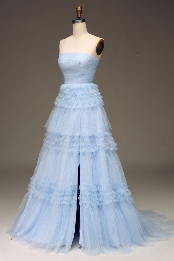 Strapless Slit Light Blue Prom Dress