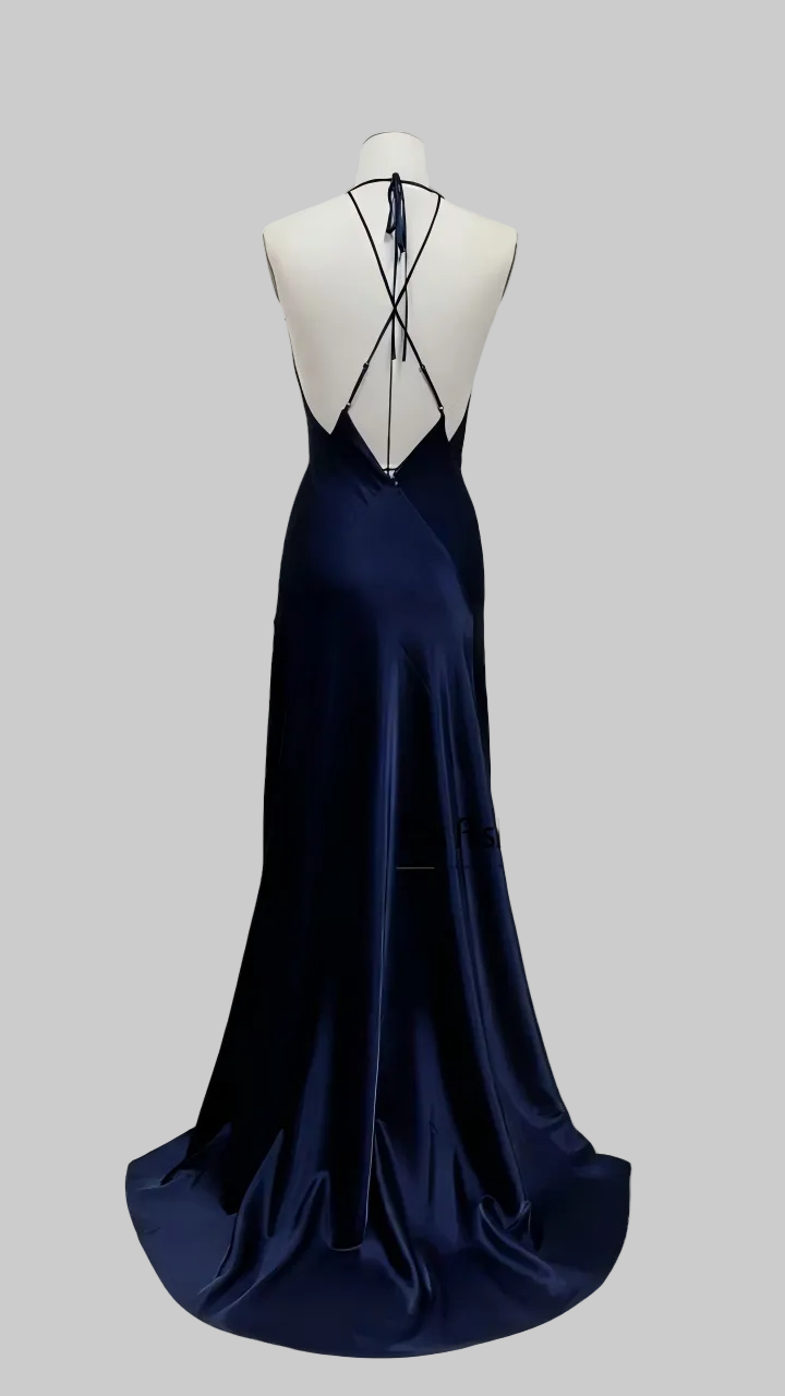 navy halter prom dress V-neck Satin – misaislestyle With a convenient zipper Classic Tank Dress (Size):S Discovering The Timeless Elegance LowStock:43471766978611