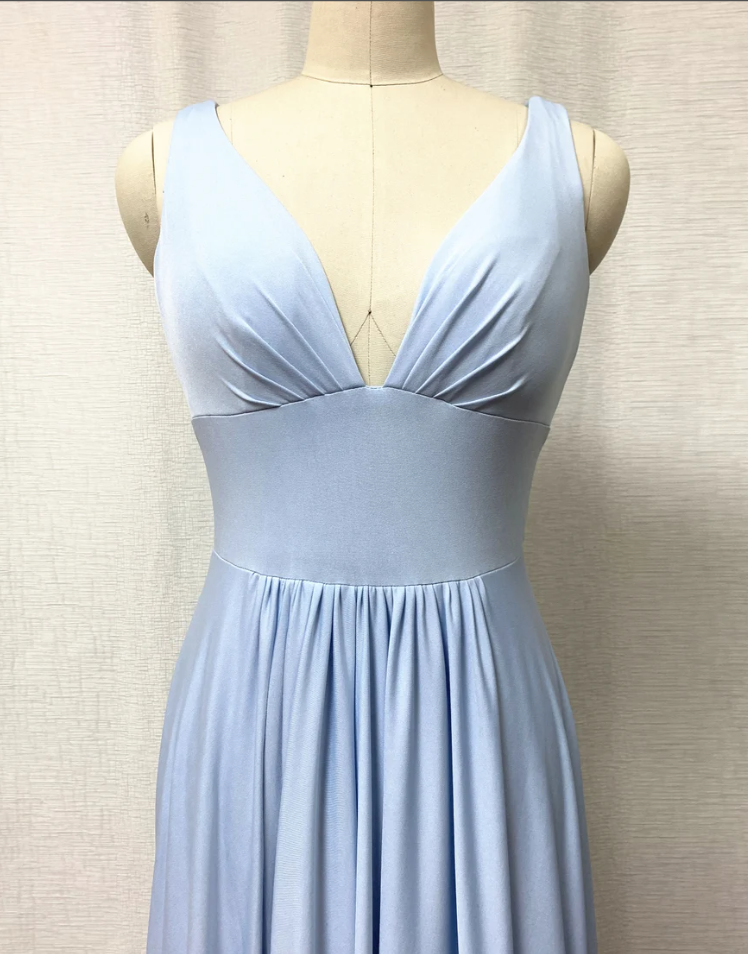 Long V-neck Blue Bridesmaid Dress