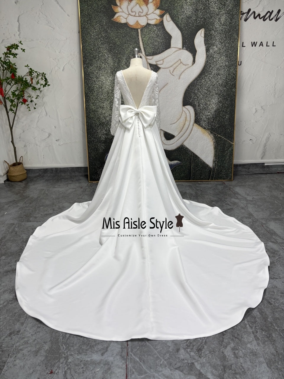 Long Sleeve Low V-Back Lace Wedding Dress with Bow misaislestyle Long Sleeve Low V-Back Lace Wedding Dress with Bow misaislestyle
