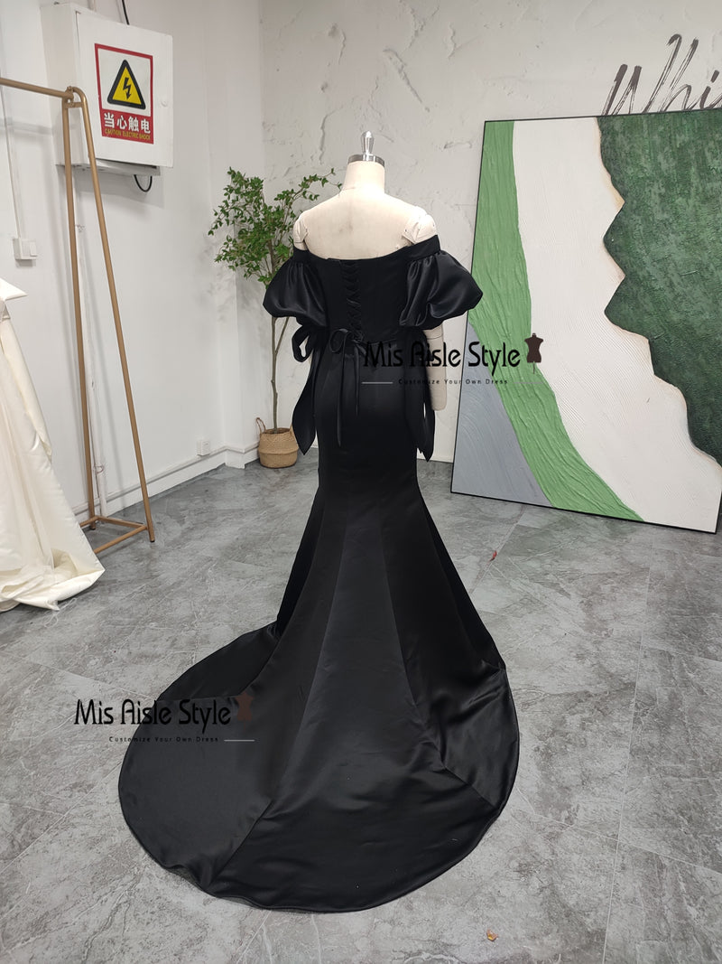 Mermaid Off Shoulder Puffy Sleeve Black Party Dress