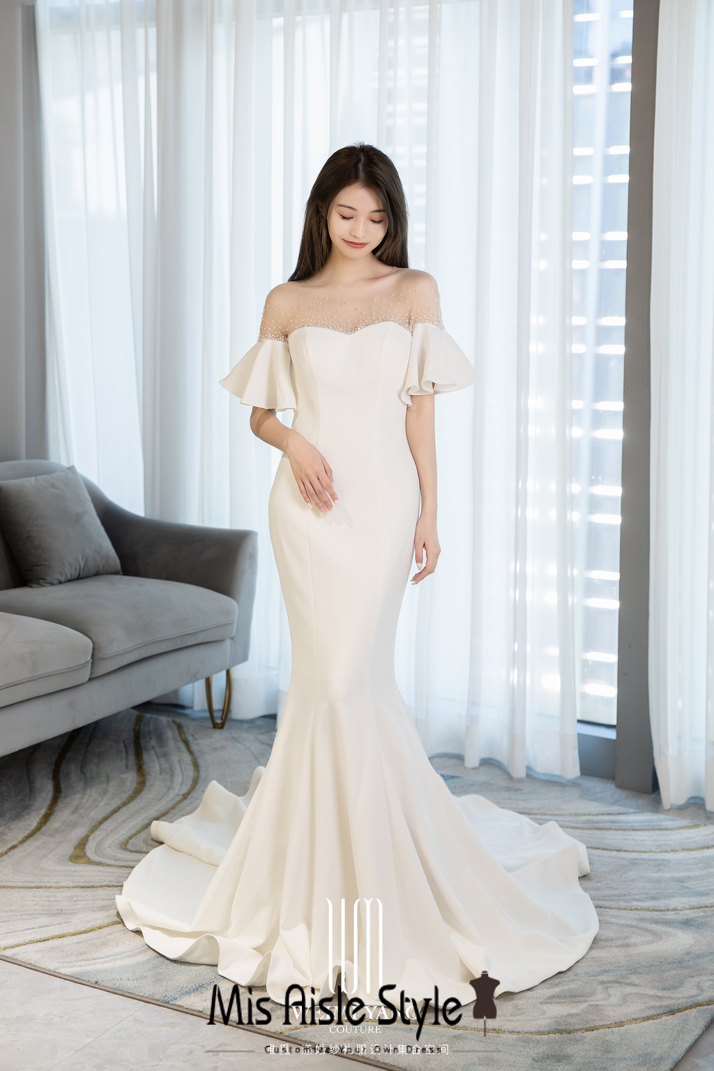 Ruffle Sleeve Beaded Wedding Dress