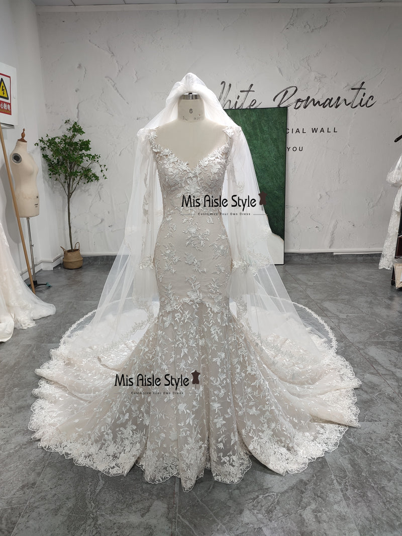 Illusion Long Sleeve Colorful Lace Wedding Dress With Long Veil