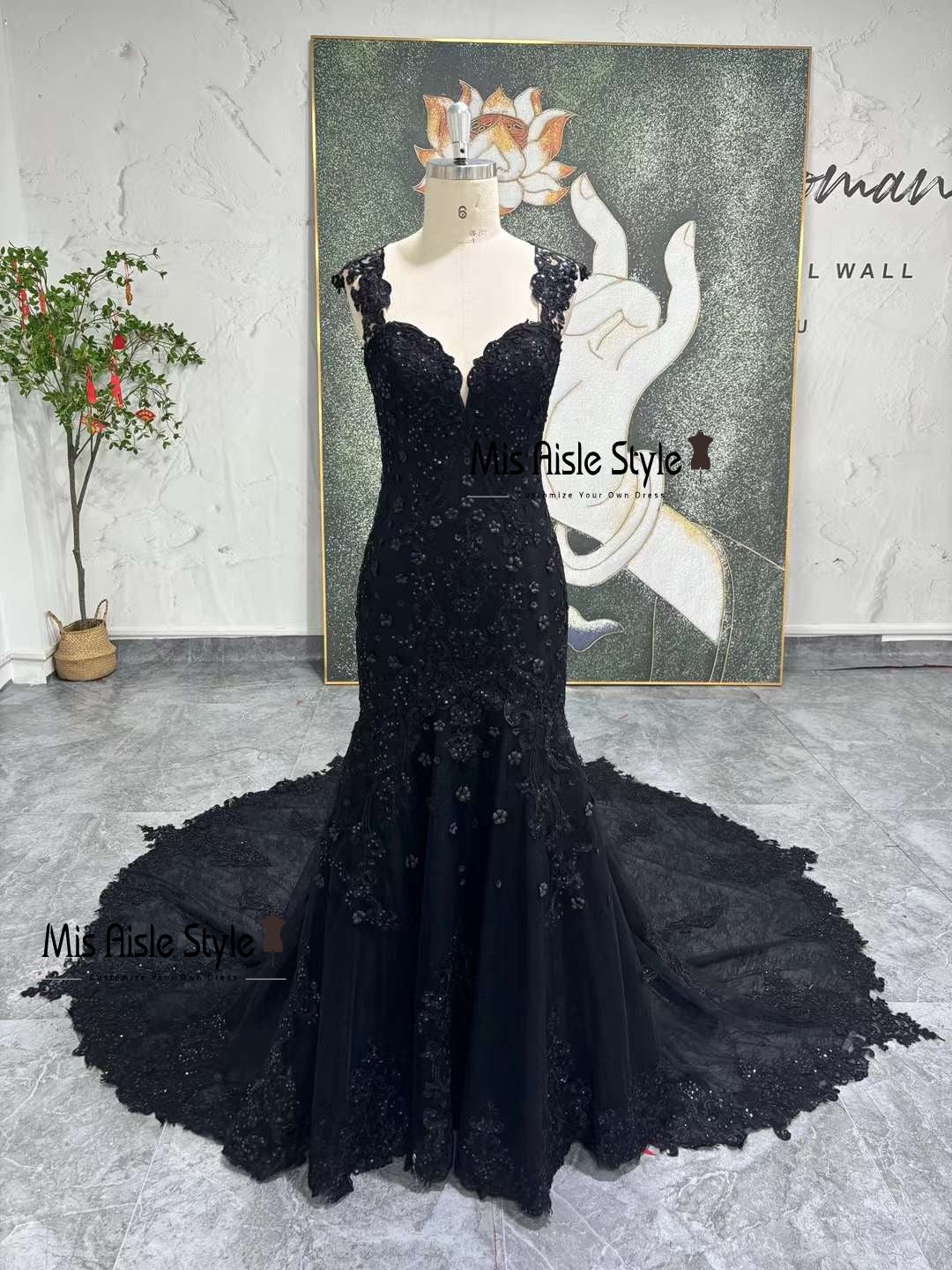 knee length dresses for ladies Vintage Inspired Gothic Black Lace Beaded Mermaid Wedding Dress Plus Size Size 2 / Black main image 0
